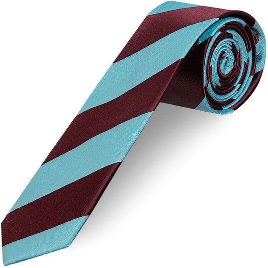 Claret and Blue Striped Hand Made Skinny Mens Football Tie and Pocket Square Set