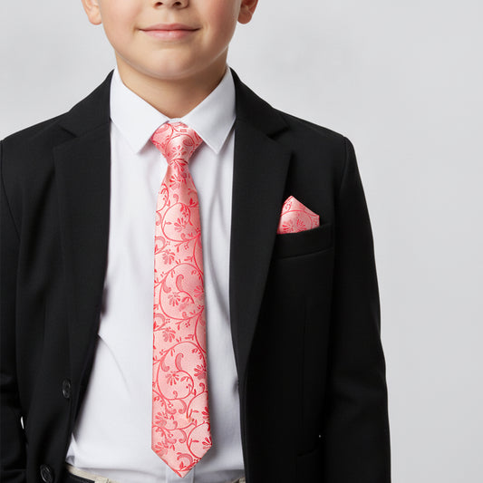 Coral Pink Floral Skinny Boys Tie and Pocket Square Set