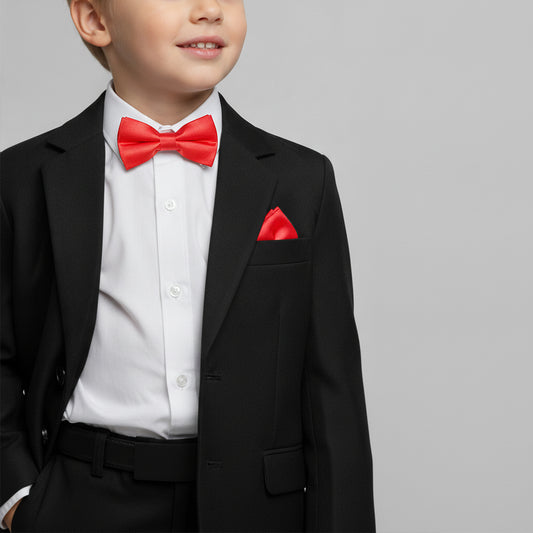 Pre Tied Coral Pink Satin Boys Bow Tie and Pocket Square Set Age 4-7