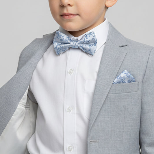 Pre Tied Dusty Blue Floral Boys Bow Tie and Pocket Square Set Age 4-7