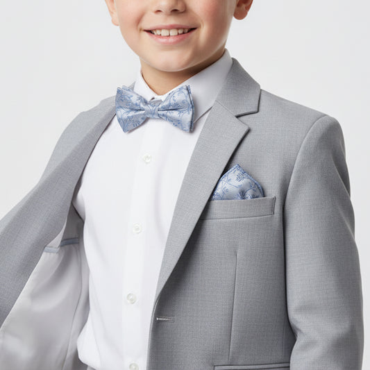 Pre Tied Dusty Blue Floral Boys Bow Tie and Pocket Square Set Age 8-11