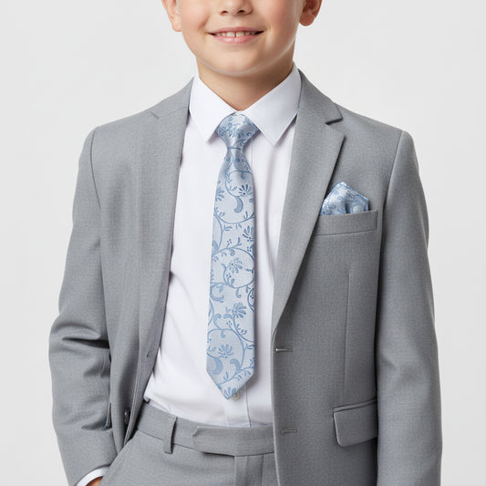 Pre Tied Dusty Blue Floral Boys Tie and Pocket Square Set Age 4-7