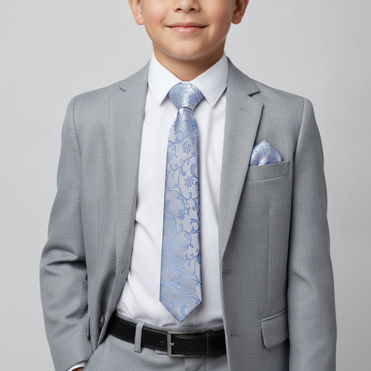 Dusty Blue Floral Skinny Boys Tie and Pocket Square Set