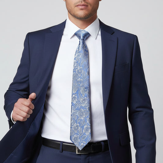 Dusty Blue Floral Silk Classic Mens Tie