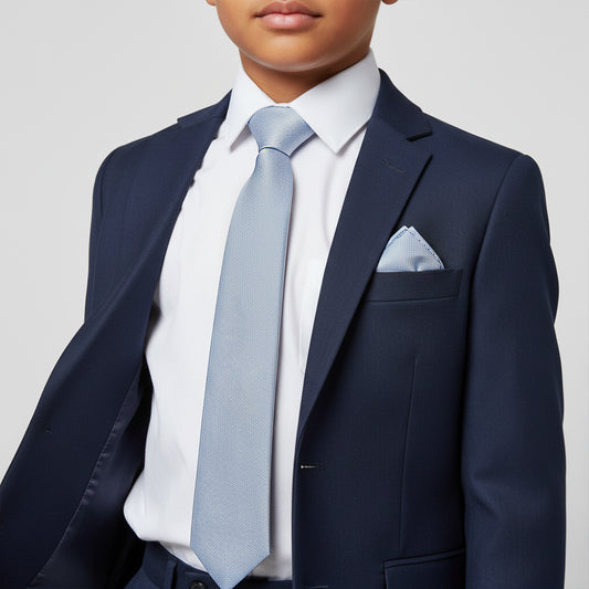 Plain Dusty Blue Silk Skinny Boys Tie and Pocket Square Set