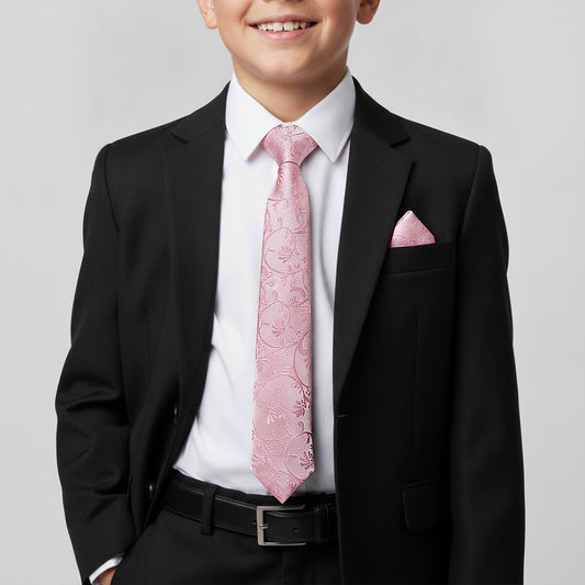 Dusty Pink Floral Skinny Boys Tie and Pocket Square Set
