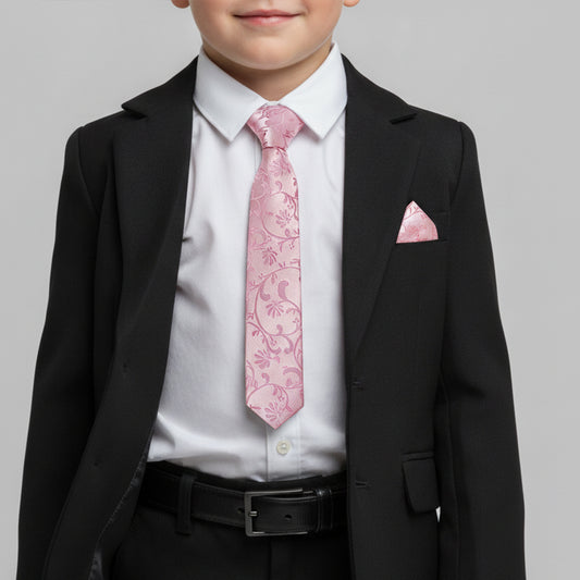 Pre Tied Dusty Pink Floral Boys Tie and Pocket Square Set Age 4-7
