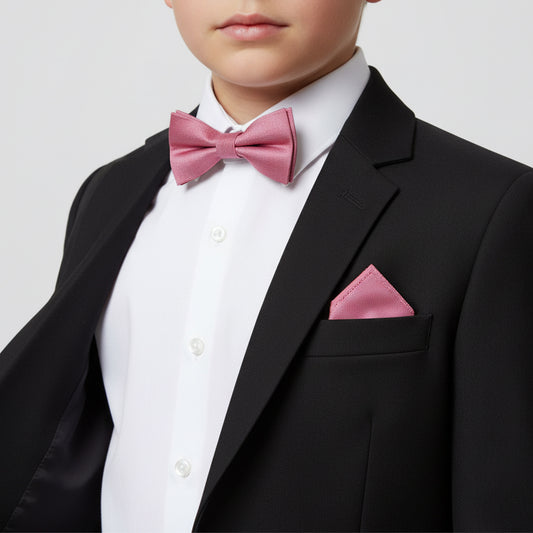Pre Tied Dusty Pink Silk Boys Bow Tie and Pocket Square Set Age 8-11