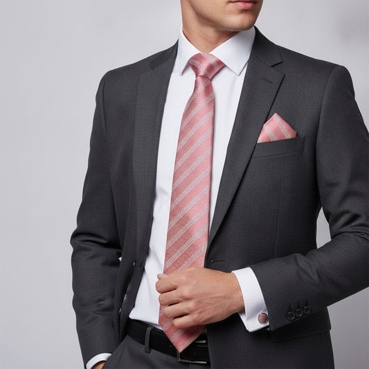 Mens Dusty Pink Textured Stripe Silk Classic Tie Pocket Square and Cufflink Box Set