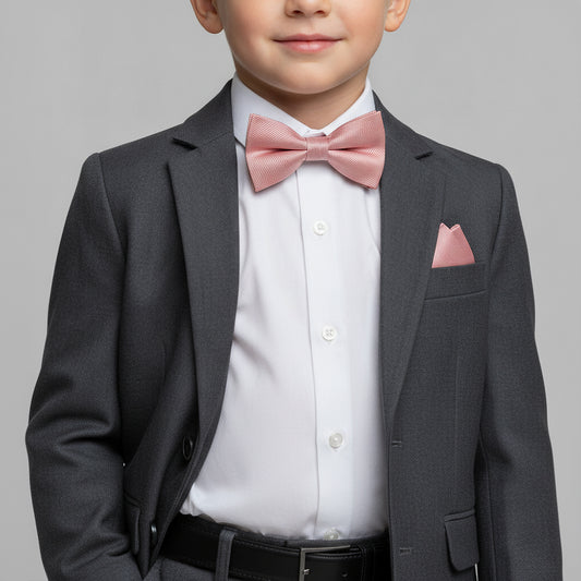Pre Tied Dusty Rose Twill Silk Boys Bow Tie and Pocket Square Age 4-7