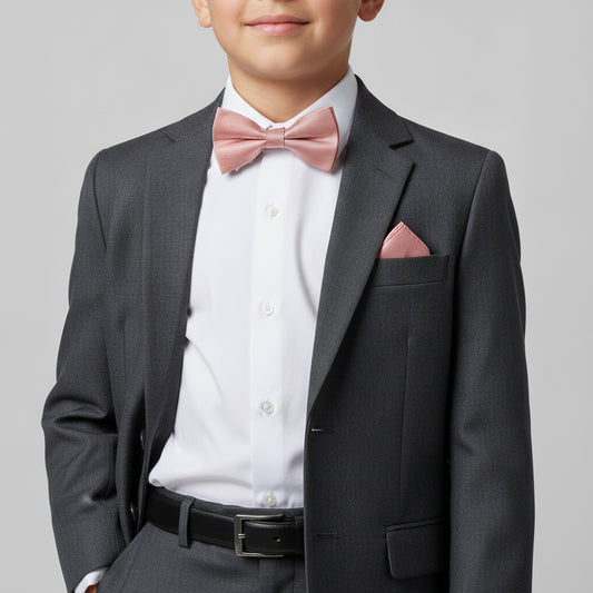 Pre Tied Dusty Rose Silk Twill Boys Bow Tie and Pocket Square Set Age 8-11