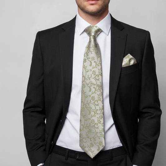 Dusty Sage Floral Classic Men's Tie and Pocket Square Set