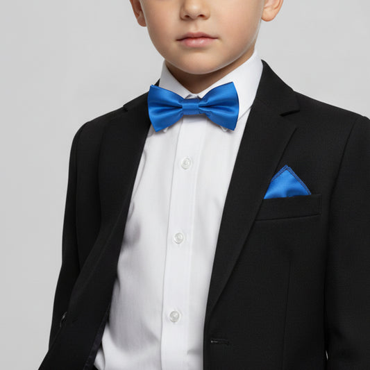 Pre Tied Electric Blue Boys Bow Tie and Pocket Square Set Age 4-7