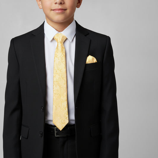 Gold Floral Skinny Boys Tie and Pocket Square Set