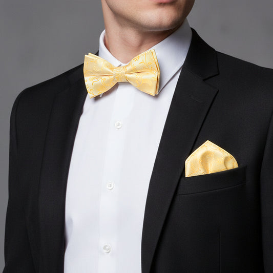 Gold Floral Handmade Mens Bow Tie and Pocket Square Set