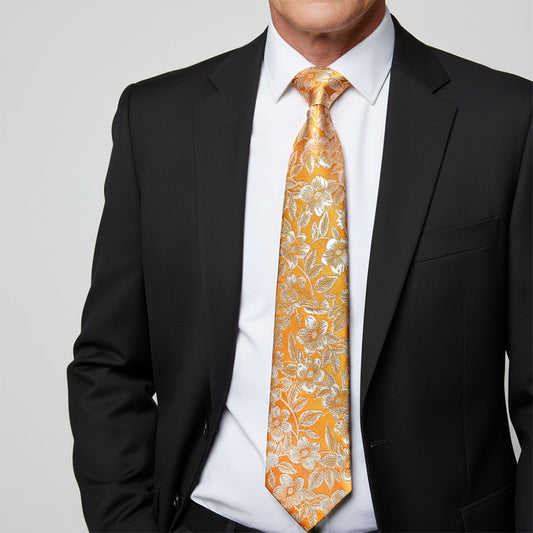 Mens Gold Floral Silk Classic Tie