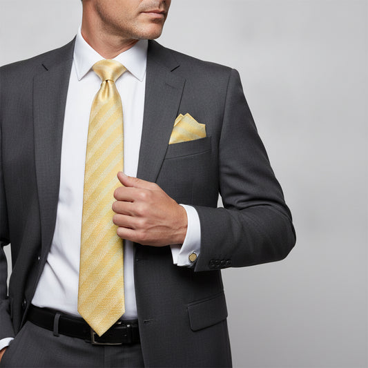 Mens Gold Textured Stripe Silk Classic Tie Pocket Square and Cufflinks Box Set