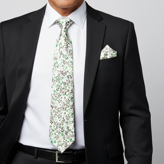 Mens Classic Green Small Floral Tie and Pocket Square Set