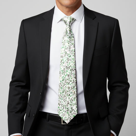 Mens Classic Small Green Floral Tie