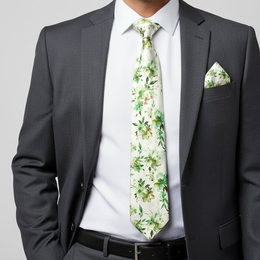 Mens Green Large Floral Classic Tie and Pocket Square Set