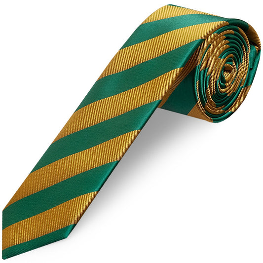 Green and Gold Striped Skinny Mens Tie and Pocket Square Set