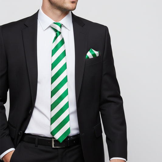 Green and White Striped Classic Mens Football Tie and Pocket Square Set