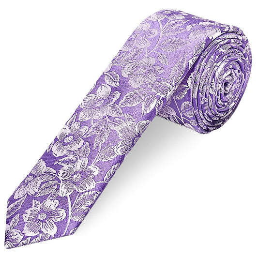 Mens Lavender Floral Silk Skinny Tie and Pocket Square
