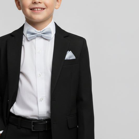Pre Tied Light Blue Textured Silk Boys Bow Tie and Pocket Square Set Age 4-7