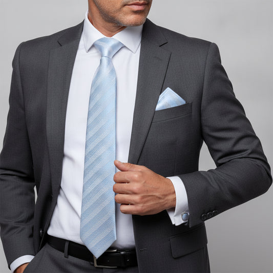 Mens Light Blue Textured Stripe Silk Classic Tie Pocket Square and Cufflink Box Set