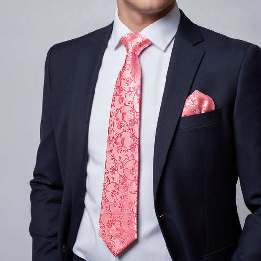 Light Coral Pink Floral Classic Men's Tie and Pocket Square Set