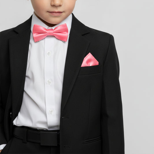 Pre Tied Light Coral Pink Satin Boys Bow Tie and Pocket Square Set Age 4-7