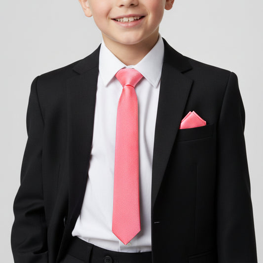 Light Coral Pink Boy's Skinny Tie and Pocket Square Set in Satin