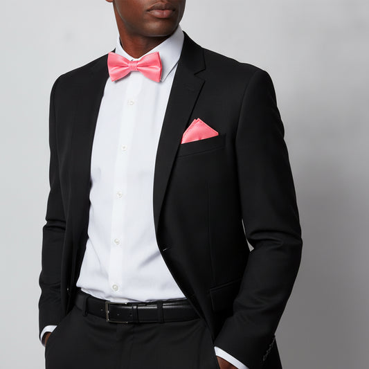 Plain Light Coral Pink Handmade Mens Bow Tie and Pocket Square Set
