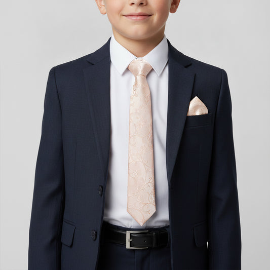 Light Peach Floral Skinny Boys Tie and Pocket Square Set