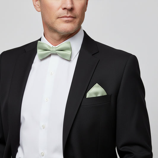 Plain Light Sage Green Silk Mens Bow Tie and Pocket Square Set