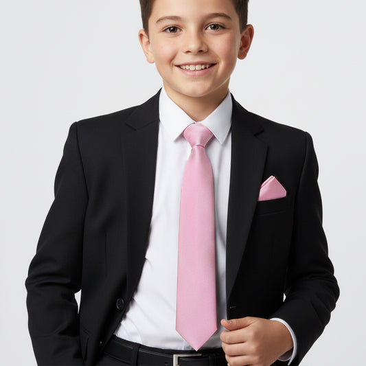 Light Dusty Pink Boy's Skinny Tie and Pocket Square Set in Satin