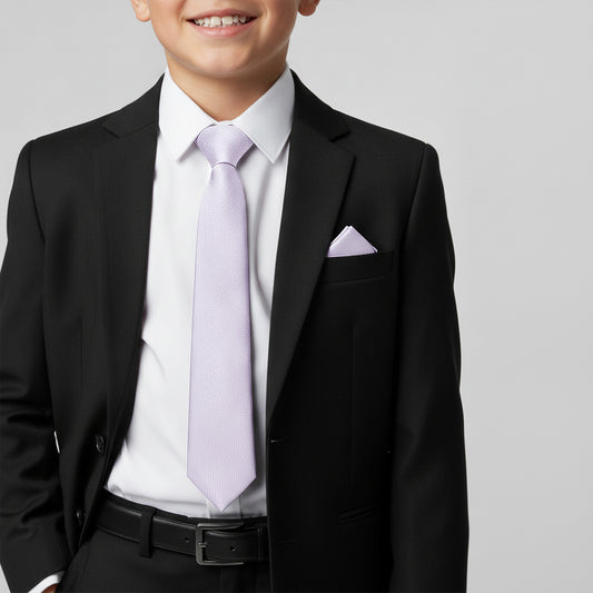 Plain Lilac Textured Silk Skinny Boys Tie and Pocket Square Set