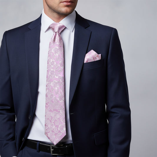 Mens Lilac Floral Silk Classic Tie and Pocket Square