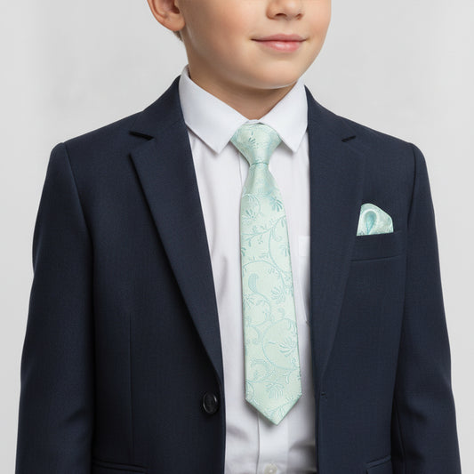 Pre Tied Mint Green Floral Boys Tie and Pocket Square Set Age 4-7