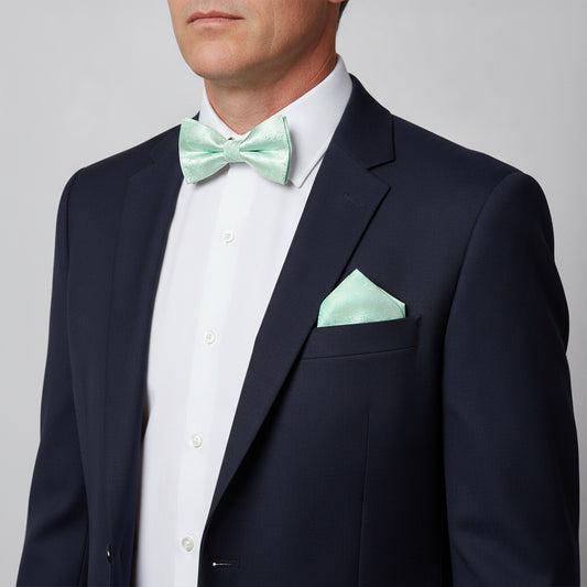 Mint Green Floral Handmade Mens Bow Tie and Pocket Square Set
