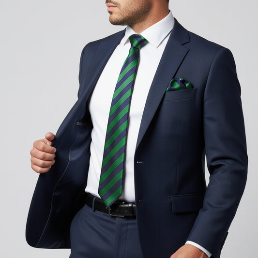 Navy and Green Striped Classic Mens Tie and Pocket Square Set