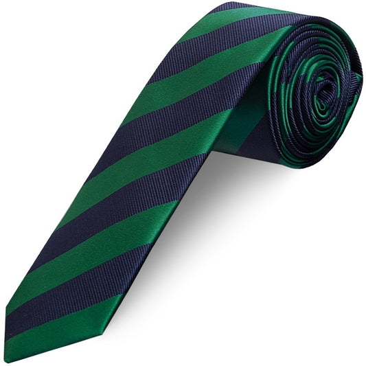 Navy and Green Striped Skinny Mens Tie and Pocket Square Set