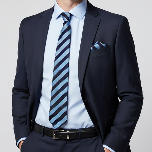 Navy and Light Blue Striped Classic Mens Tie and Pocket Square Set