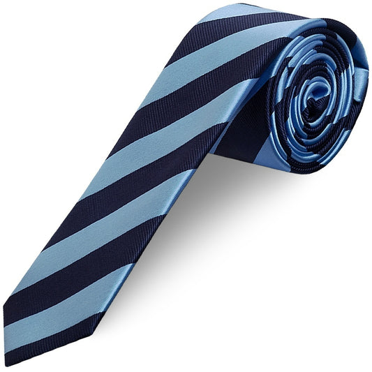 Navy and Light Blue Striped Skinny Mens Tie and Pocket Square Set