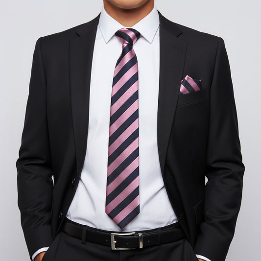 Navy and Lilac Striped Classic Mens Tie and Pocket Square Set
