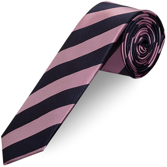 Navy and Lilac Striped Skinny Mens Tie and Pocket Square Set