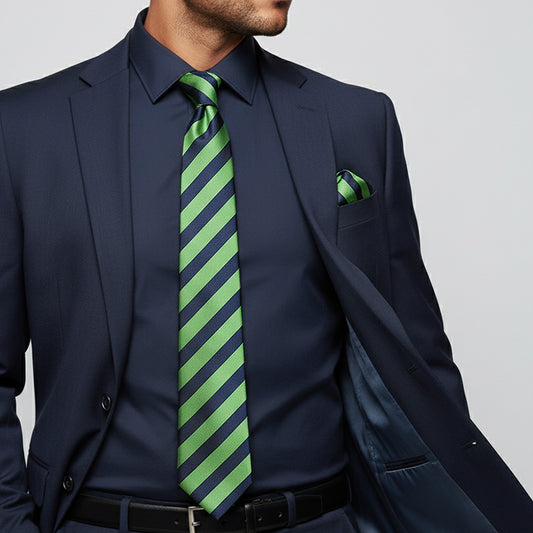 Navy and Lime Striped Classic Mens Tie and Pocket Square Set