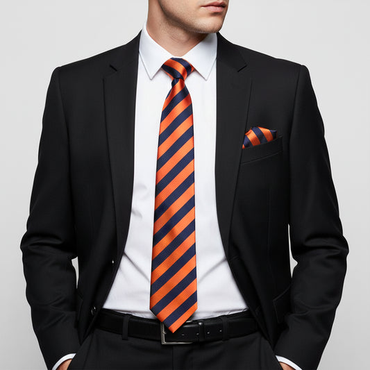 Navy and Orange Striped Classic Mens Tie and Pocket Square Set