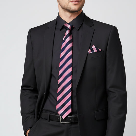 Navy and Pink Striped Classic Mens Tie and Pocket Square Set