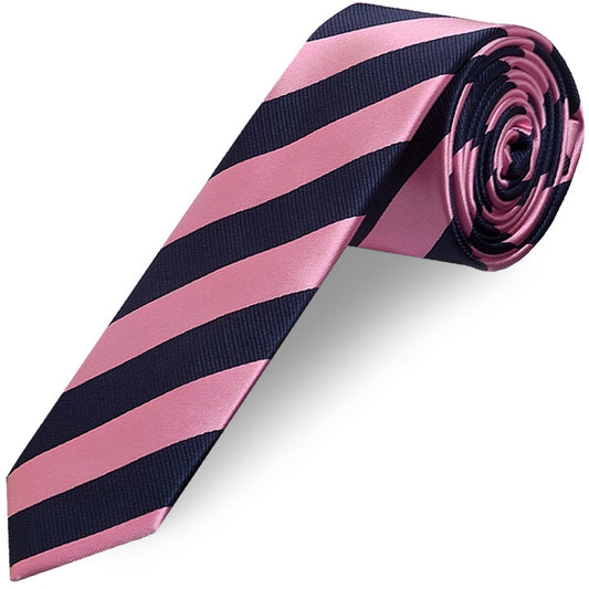 Navy and Pink Striped Skinny Mens Tie and Pocket Square Set